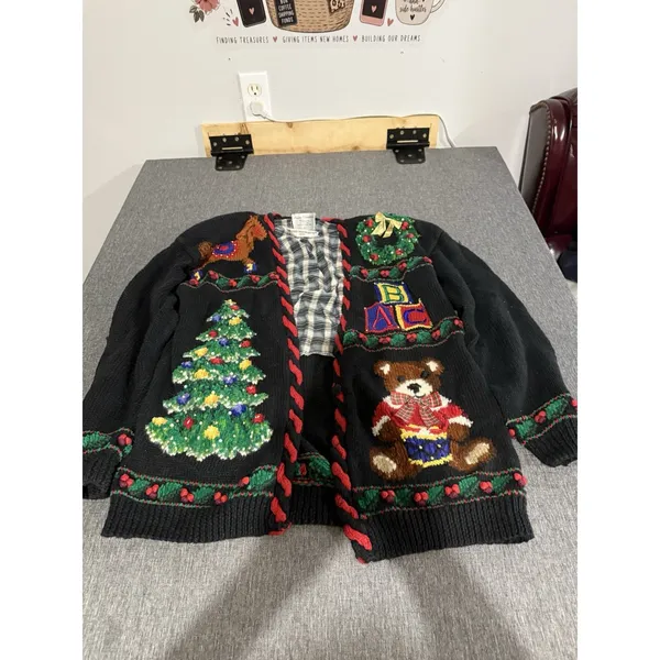 Marisa Christina Vintage Chunky Knit V-Neck Christmas Teddy Cardigan Sz M - Image 2