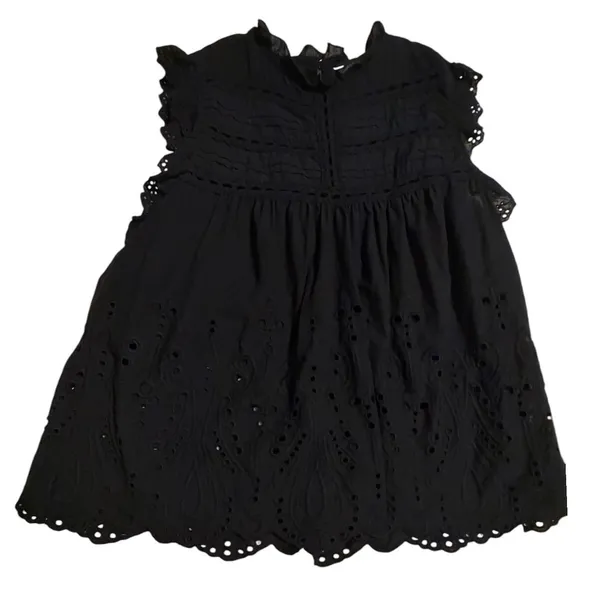 Adiva Black Eyelet Embroidered Sleeveless Top Ruffle‎ Neck Cotton Blouse Large - Image 5