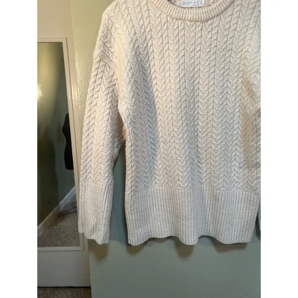 Primark Womens Size Small Crewneck Sweater Cream Beige Textured Herringbone Knit - Image 3