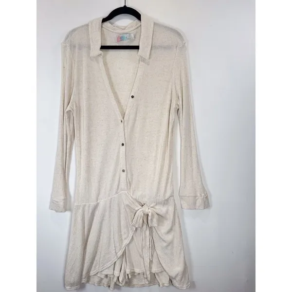 FP Beach x Revolve Lively Women Romper Beige Linen Ribbed V Neck Waist Tie Small - Image 6
