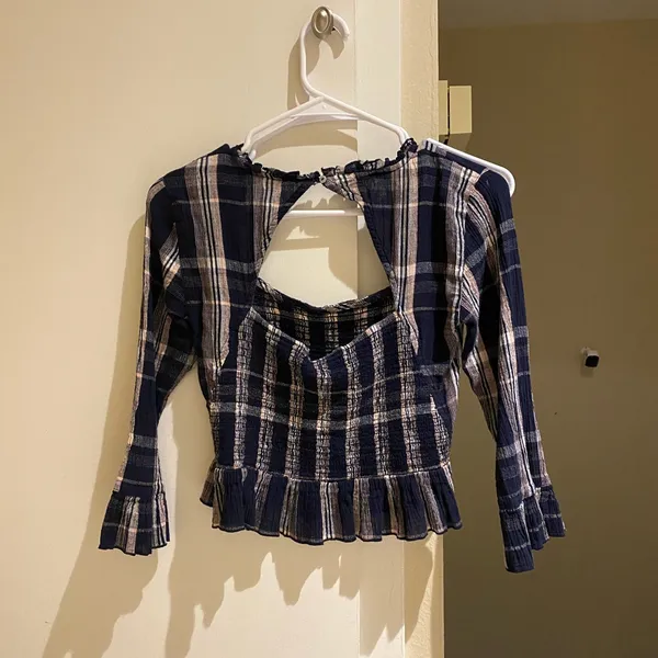 Free people cotton smocked Plaid Ruffle Trim Women's Top - Image 3