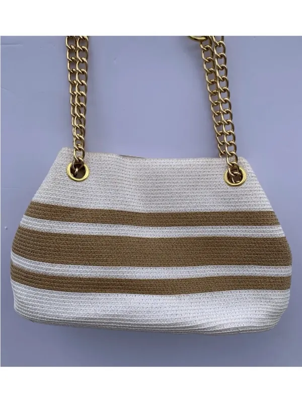 Straw Beach Tote Bag Woven Raffia White Tan Gold Chain Coastal Resort Purse - Image 4