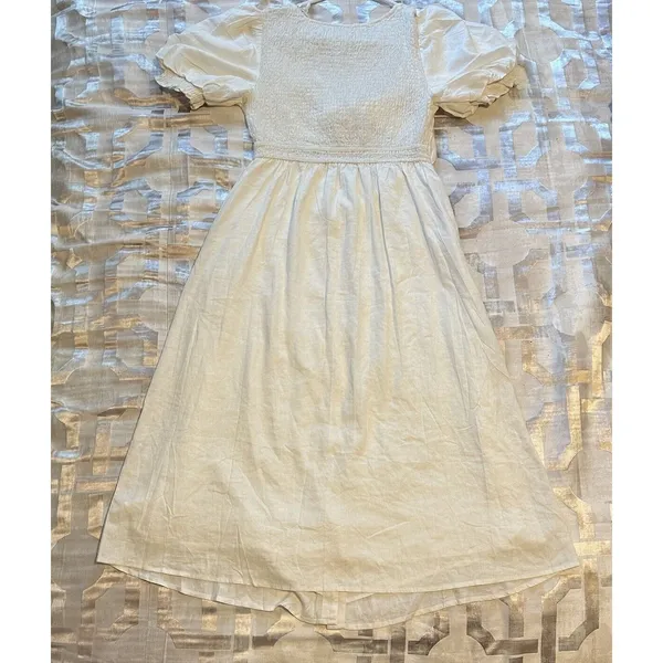 Source Unknown White Puff Sleeve Dress Halter Top Smocked Back Women's Large Tie Front Buttons - Image 8