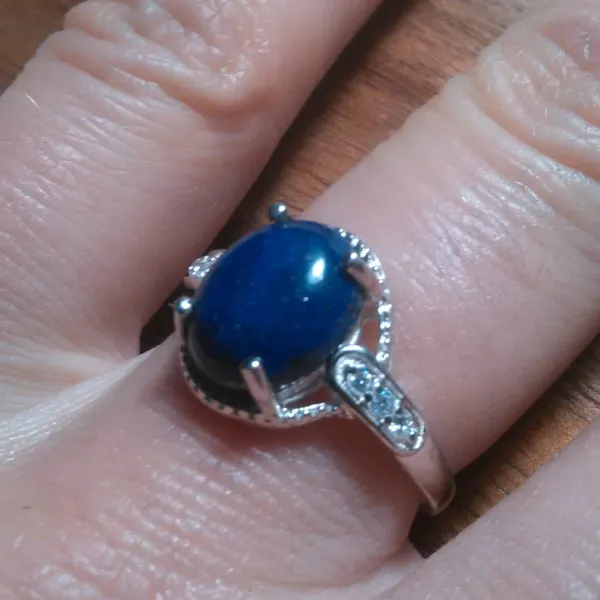 Lapis Lazuli and Simulated White Diamond Sterling Silver Ring (Size 8) - Image 2