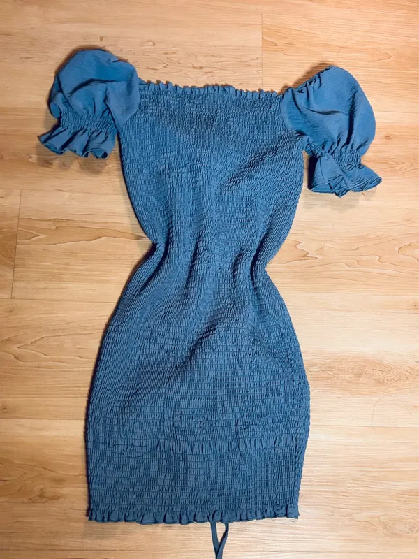Blue Smocked Puff Sleeve Mini Dress | Cottagecore Coquette AestheticThe Keyword Heavy: XL Blue Denim-Look Ruched Bodycon Dress |p - Image 2