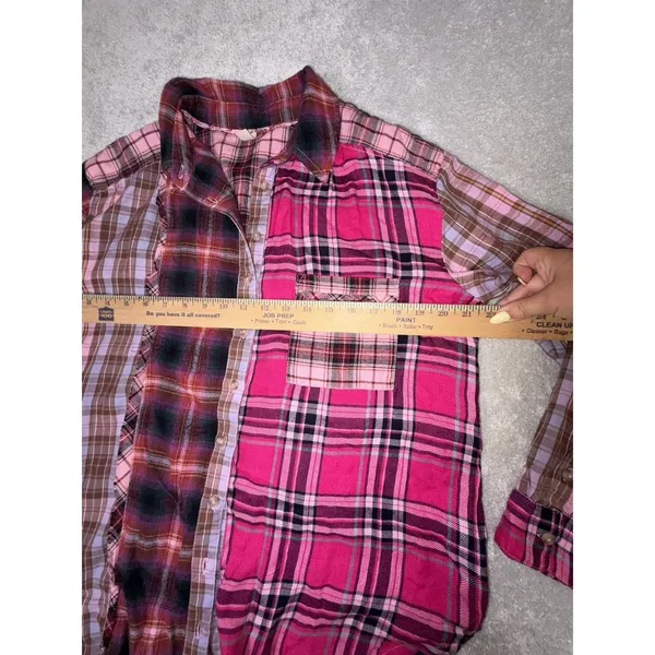 Anthropologie Pilcro Mixed Patchwork Flannel Buttondown Shirt Pink S Oversized - Image 8