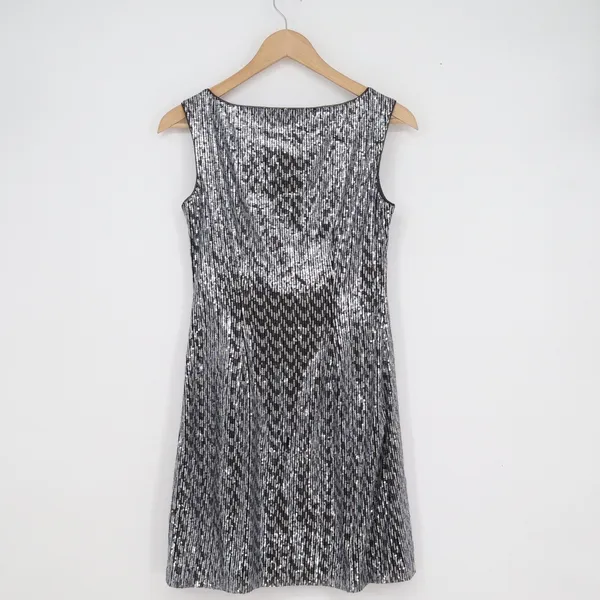 White House Black Market Silver Sequin Sleeveless Boat Neck Shift Dress XXS - Image 4