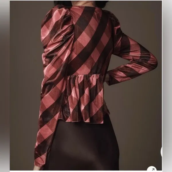 Nwt Anthropologie Maeve Velvet Babydoll Puff Sleeve Blouse Top Pink Plaid S - Image 2