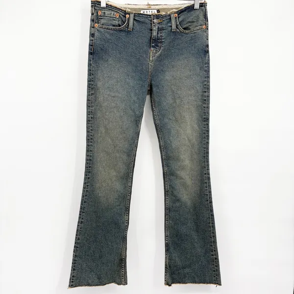 Motel Denim Womens Blue Distressed Raw Waist Low Rise Y2K Flare Jeans Size 31/S - Image 2