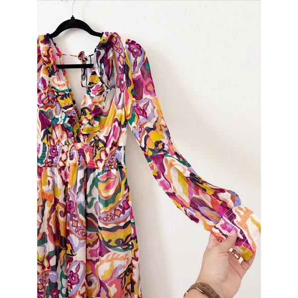 Anthropologie Odetta Ruffled V Neck Dress in Patterned Multi Print Medium - Image 7