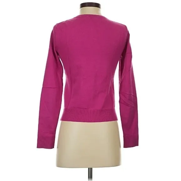 Loft Women's Sz XS Cardigan Sweater Crewneck Magenta Pink Jeweled Buttons Cotton - Image 2