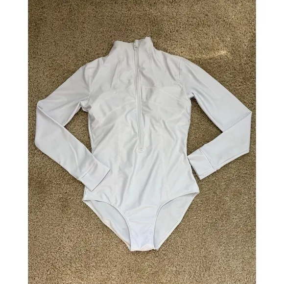 White Zip Front Long Sleeve One Piece Swimsuit Bodysuit Fits S‎ - Image 5