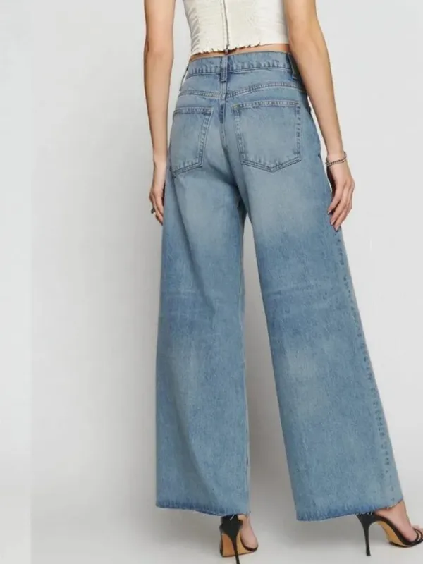 Reformation Jeans Iggy Super Wide Leg Stretch Atwood Wash Blue Raw Hem Womens 27 - Image 2