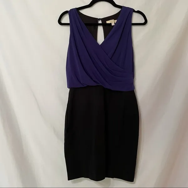 Aidan Mattox Blue Black Bodycon Draped Top Dress Womens S Cocktail Mini V Neck - Image 4