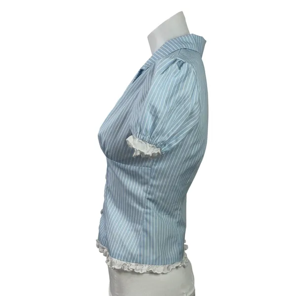Peppermayo Blue Stripe Short Puff Sleeve Ruffle Crop Button Up Shirt Top Size XS - Image 2