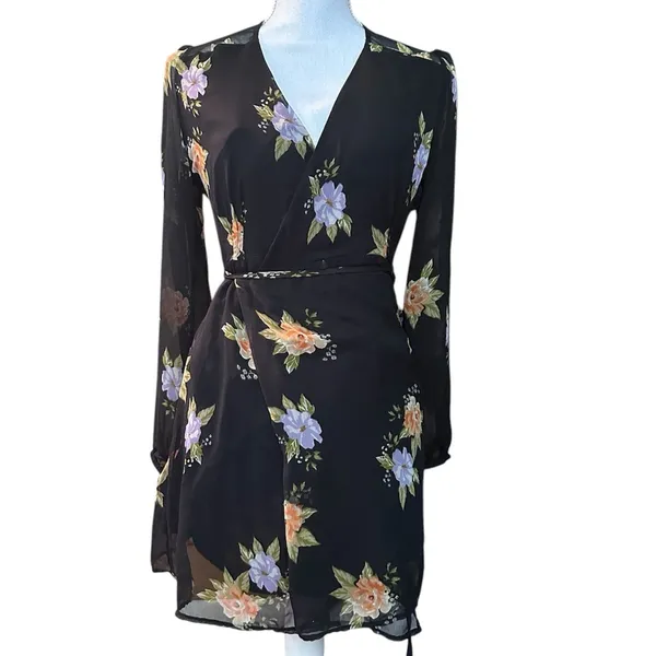 Urban Outfitters Sheer Sleeve Black Floral Dress size XS - Image 3