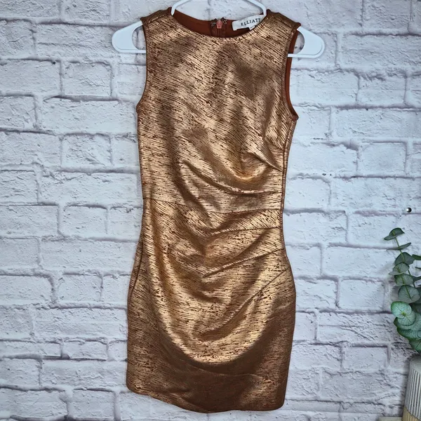 ELLIATT Rhian Metallic Ruched Mini Dress Rust Copper Bronze Bodycon XS Cocktail - Image 2