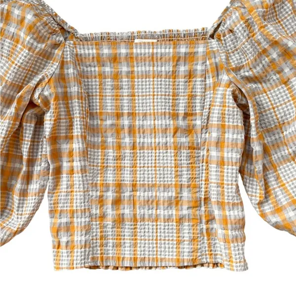 Like New Anthropologie Maeve Square Neck Puff Sleeve Seersucker Plaid Top Medium - Image 5
