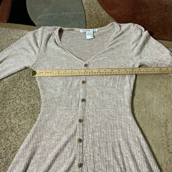 American Rag Ribbed Knit Button Front Dress Womens M Tan Boho Fit Flare Raw Hem - Image 5