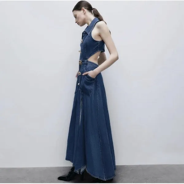URBAN REVIVO Women's Cutout Sleeveless Lapel Denim Maxi Dress Size US‎ 6 Buttons - Image 3