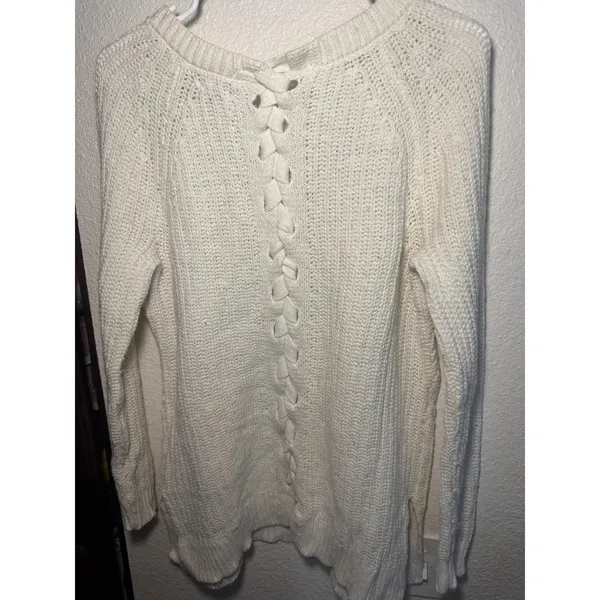 Aerie Cream Lace Up Back Chunky Knit Shaker Sweater‎ Womens Medium Off White - Image 4