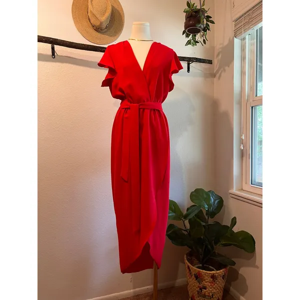 Amanda Uprichard Martinque Red Ruffled Wrap Midi Summer Dress Size Medium USA - Image 2