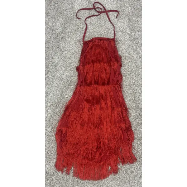 Sexy Red Flapper Fringe Halter Romper 1920s Gatsby Tiered Charleston Cocktail S - Image 3