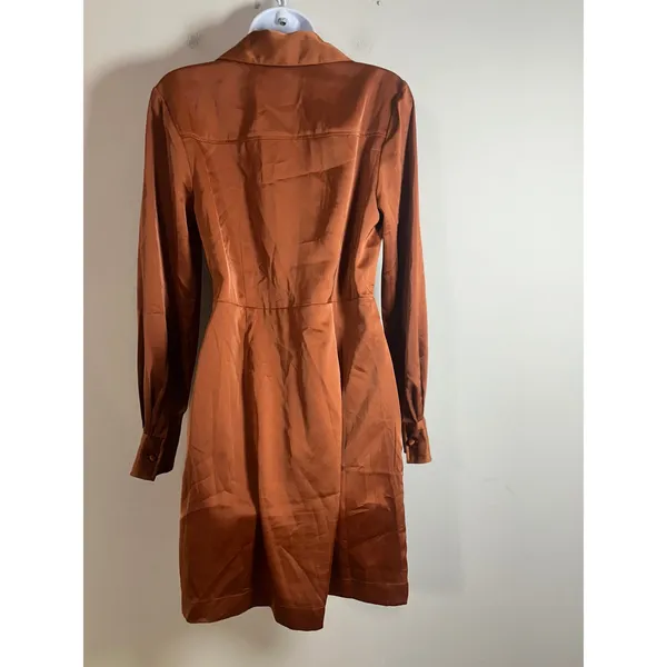 Banana Republic Satin Wrap Mini Dress Copper Brown Long Sleeve Collared Size 6 - Image 7