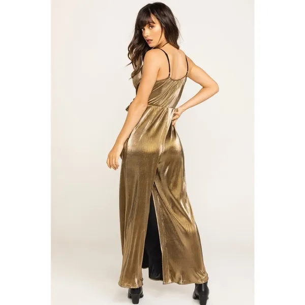 SHOW ME YOUR MUMU Jane Jumpsuit Gold Metallic Wrap Tie‎ Waist Party Glam Small - Image 7
