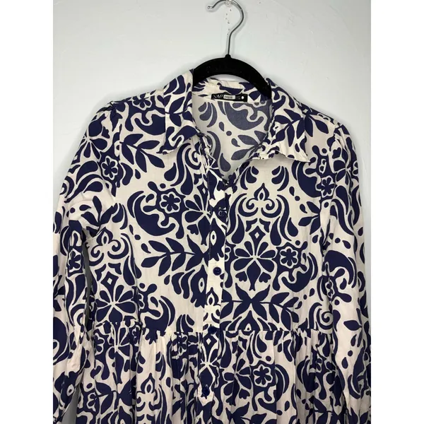 Zara Cotton Shirt Midi Dress Small Blue White Damask Floral Breezy Light - Image 2