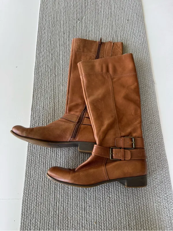 Nine West Vintage America Cognac Tan Brown Leather Riding Boots with Buckle Sz 8 - Image 11