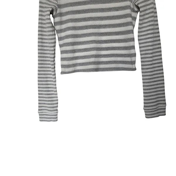 Aerie Gray Striped Long Sleeve Waffle Knit Turtleneck Pullover Crop Top Medium - Image 3