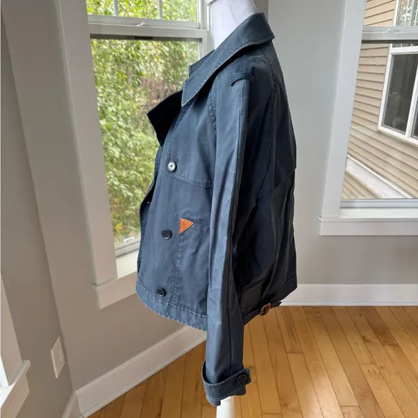 LACOSTE Navy Blue Cropped Waxed Canvas Trench Coat Utility Jacket Sz 40 - Image 2