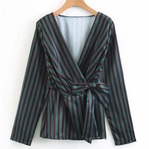 Zara Striped Sateen Wrap Blouse Medium Black - Image 2
