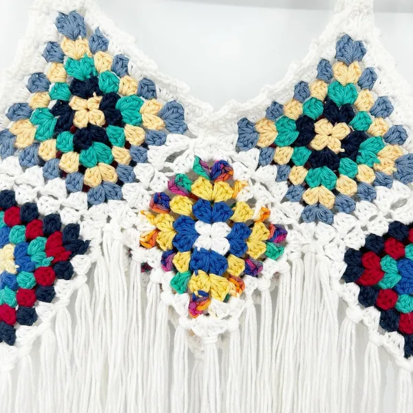 Womens‎ Crochet Granny Square Boho Festival Coachella Beach Fringe Crop Top OS - Image 3