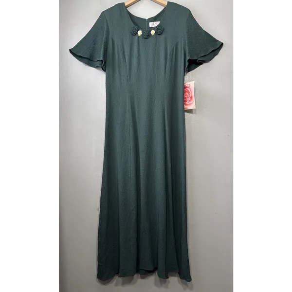 Vintage 90s Tea Dress Size 8 Dark Green Romantic Maxi Cottagecore Wedding Guest - Image 3