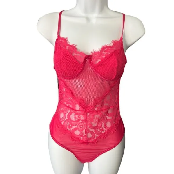 Pink Floral Lace Scalloped Sheer Lingerie Teddy Bodysuit Size S - Image 9