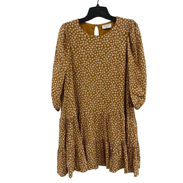 DRESS FORUM‎ LA | Mustard White Floral Balloon Sleeve Dress Tiered | Size S - Image 2