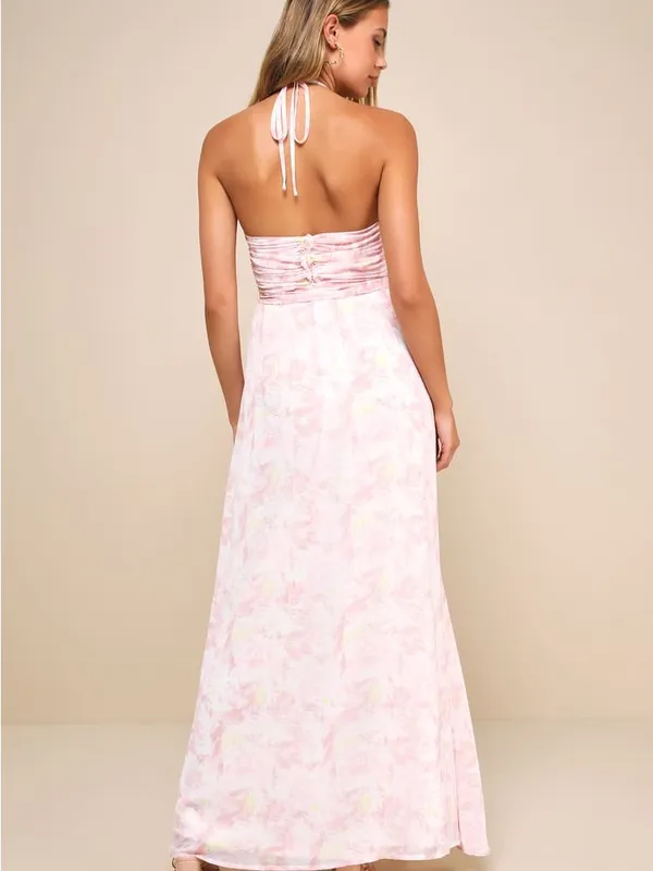 NWOT Lulus Effortlessly Abloom Light Pink Floral Ruched Halter Maxi Dress L - Image 3