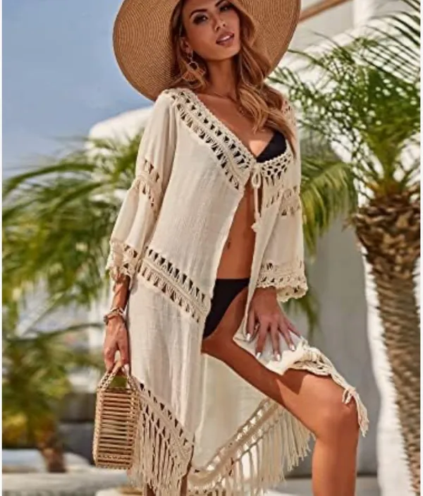 Dreamers Boho Fringe Crochet Trim kimono cardigan Swim Coverup in Cream size M - Image 2