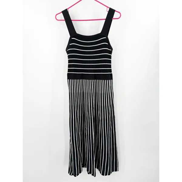 Banana Republic Dress Women's Medium Square Neck Knit Midi Black White Stripe - Image 2