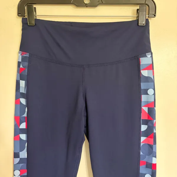 Brooks Women Navy Blue Geometric Side Stripe Running Leggings Activewear Pants - Image 3