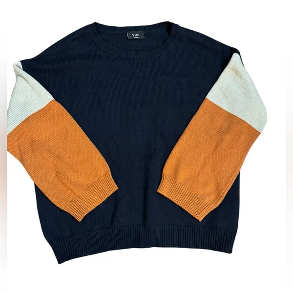 VICI Colorblock Knit Sweater Navy Rust Cream Casual‎ Chic sz L - Image 2