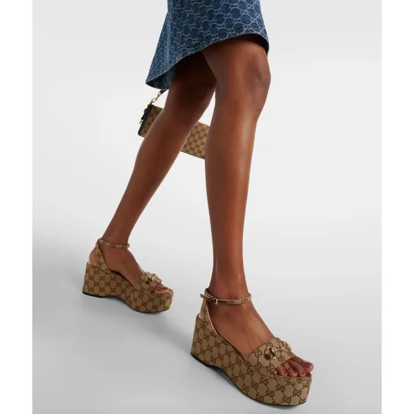 Gucci Lady Horsebit GG Supreme Canvas Platform Sandals Beige 37.5 Box Dust Bags - Image 2