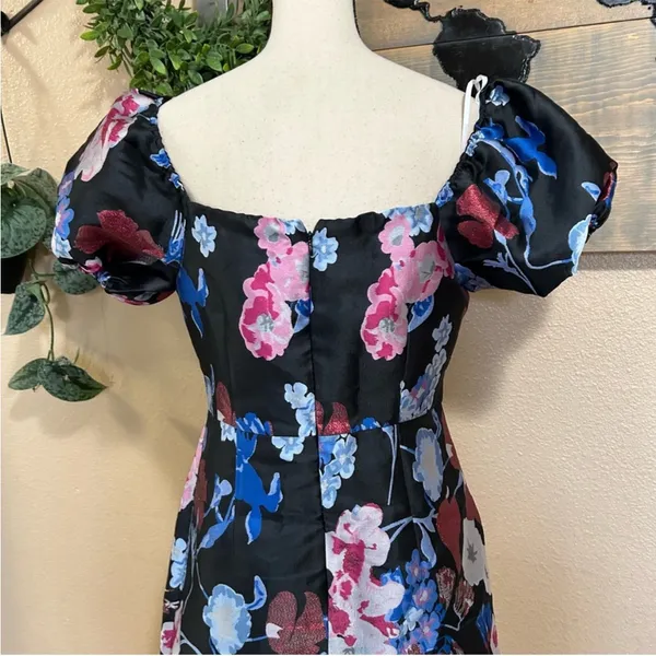 Lulus So Stunning Black Multi Floral Jacquard Puff Sleeve Mini Dress - Image 8