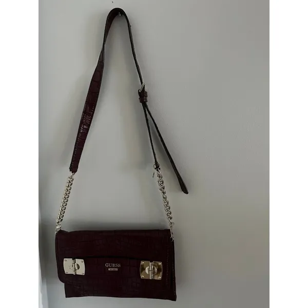 GUESS Handbag Shoulder Bag Y2K Purse Plum Alligator Skin‎ Style Silver Chain - Image 16