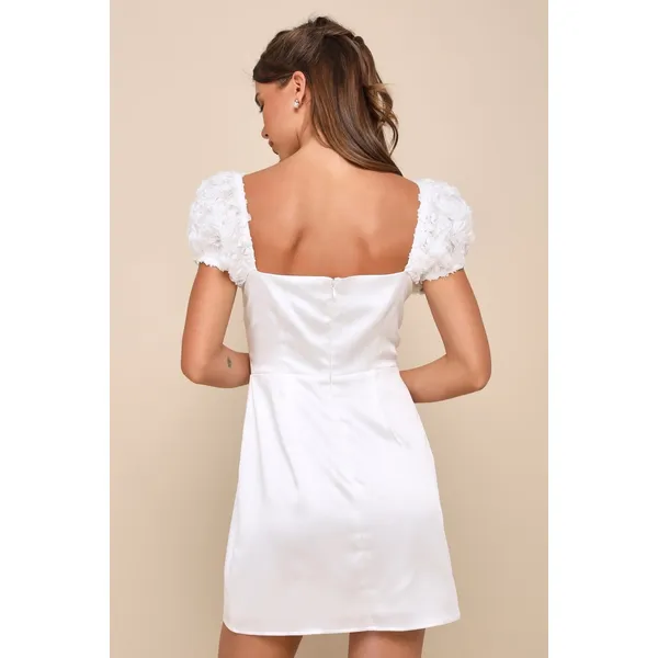 NWT Lulus Precious Enchantment White Satin Floral Puff Sleeve Mini Dress LWD S - Image 4