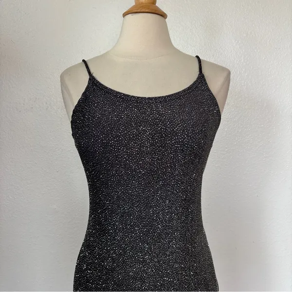 Jump Vintage 90s Black + Silver Glitter Full Length Sleeveless Prom Dress - Image 8