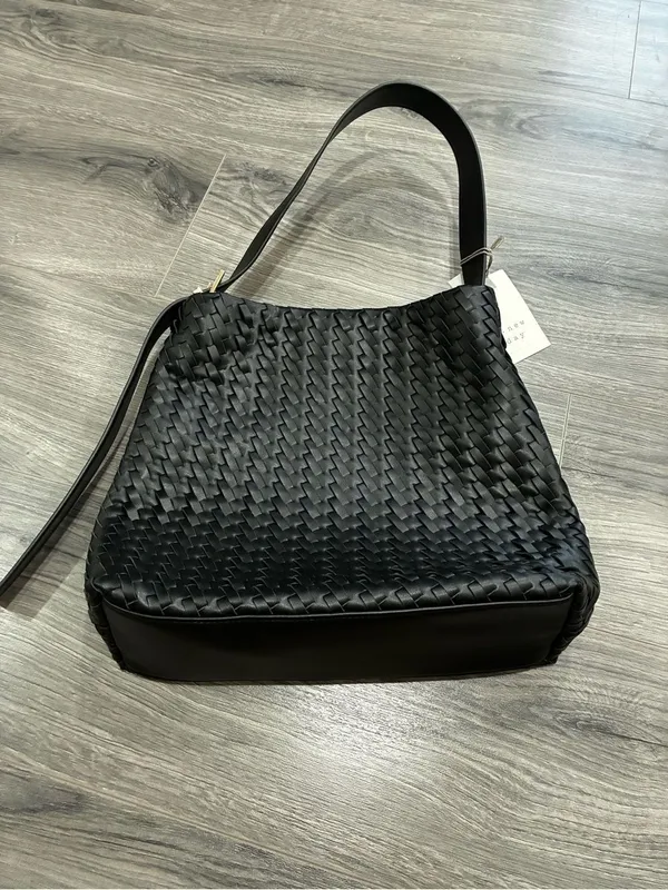 Woven Shoulder Bucket Bag in Black - Image 3