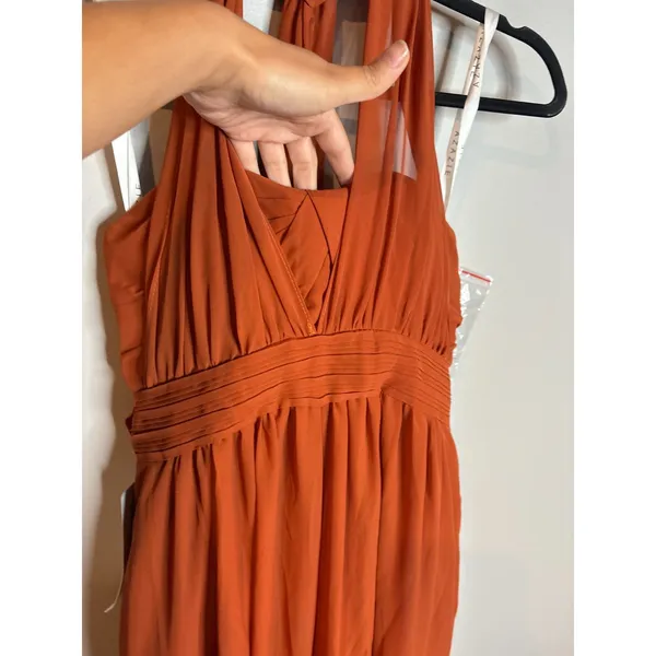 NWT Azazie Lamara Burnt Orange Off the Shoulder Chiffon Convertible Jumpsuit - Image 4